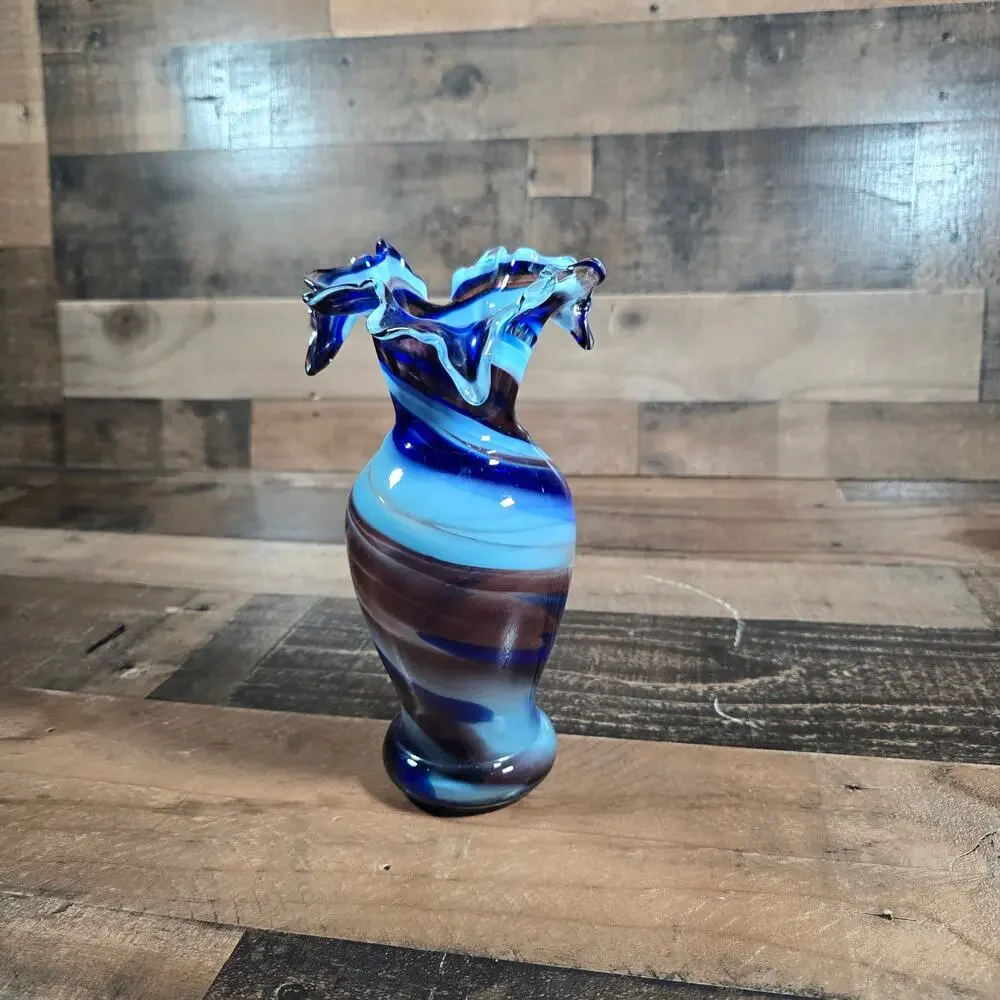 Vintage Smith's Old Timer Hand Blown Multi Colored Glass Ruffled Vase